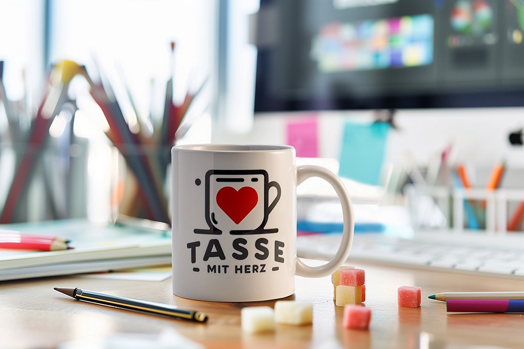 Tasse mit Herz auf dem Schreibtisch unserer Designerin