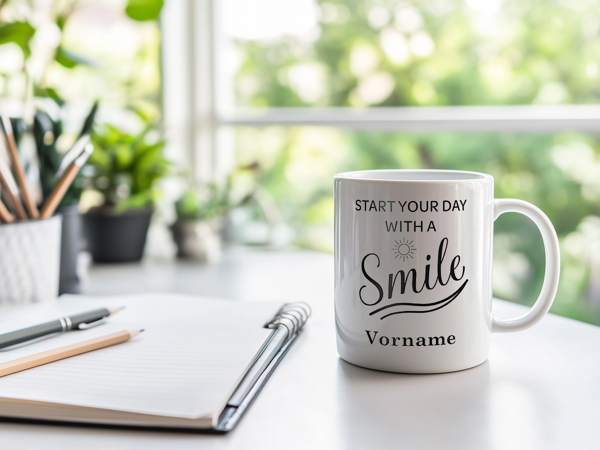 Personalisierbare Tasse Start your day with a smile