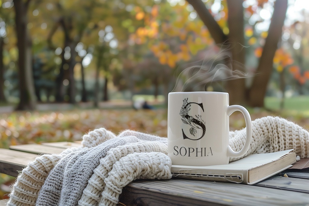 Tasse mit Initiale im herbstlichen Park